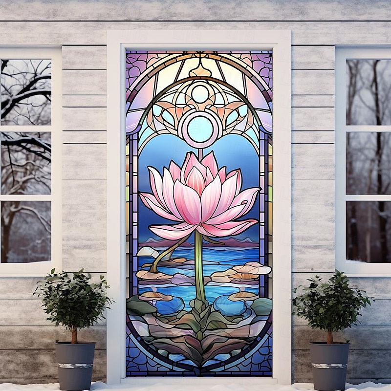 Stained Glass Lotus Door Covers Mural Decor Door Tapestry Door Curtain Decoration Backdrop Door Banner Removable for Front Door Indoor Outdoor Home Room Decoration Farmhouse Decor Supplies4