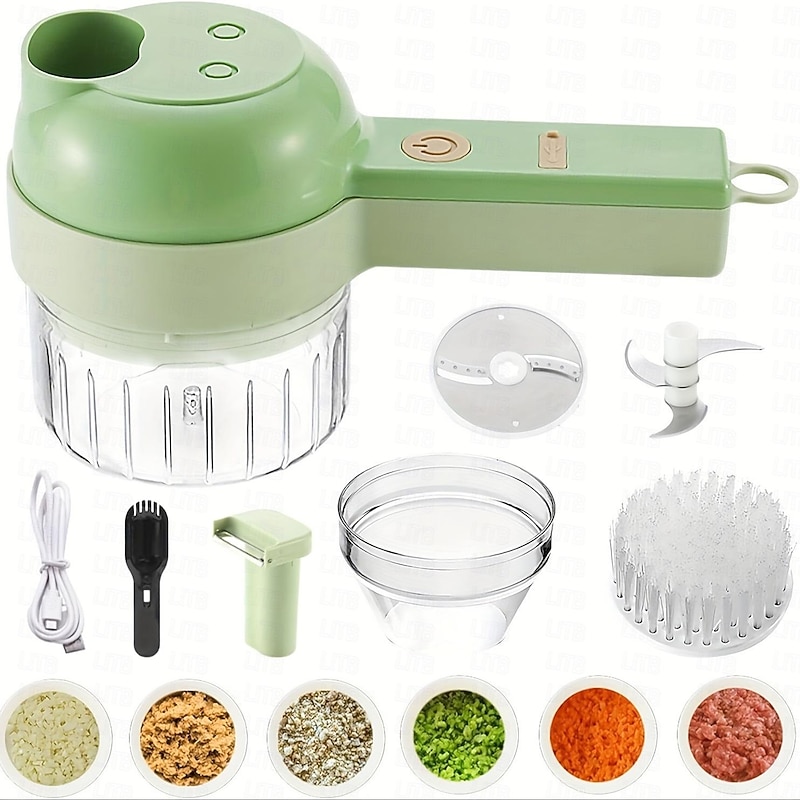 4 In 1 Vegetable Chopper Handheld Electric Vegetable Cutter Set Portable Wireless Garlic Mud Masher Garlic Press & Slicer Set Multifunctional Electric Mini Food Processor With Brush For Ginger Pepper