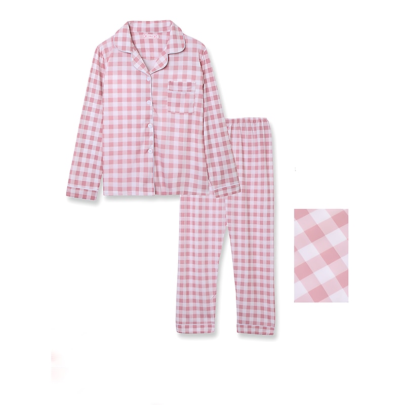 Women's Pajamas Sets Heart Grid / Plaid Fashion Comfort Soft Home Daily Bed Satin Silk Breathable Lapel Long Sleeve Shirt Pant Button Pocket Fall Winter Home Outfits3