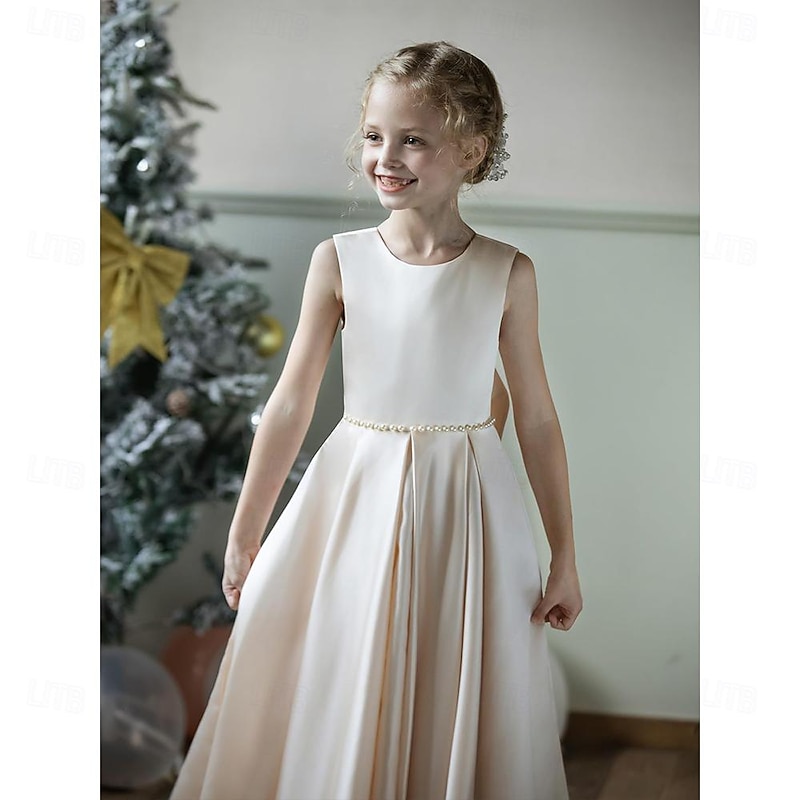 Kids Girls' Flower Girl Dress Party Dress Solid Color Sleeveless Wedding Anniversary Party Fashion Adorable Daily Polyester Summer Spring 2-12 Years Beige4