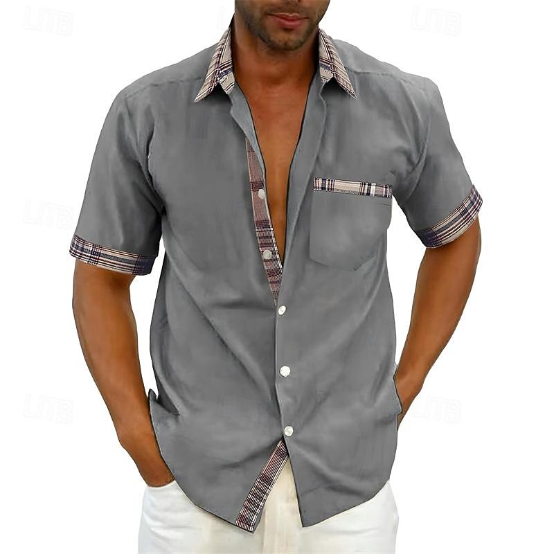 Men's Shirt Summer Shirt Button Up Shirt Black White Pink Red Purple Short Sleeve Color Block Plaid / Check Turndown Street Casual Button-Down Clothing Apparel Cotton Cotton Blend Sports Fashion3