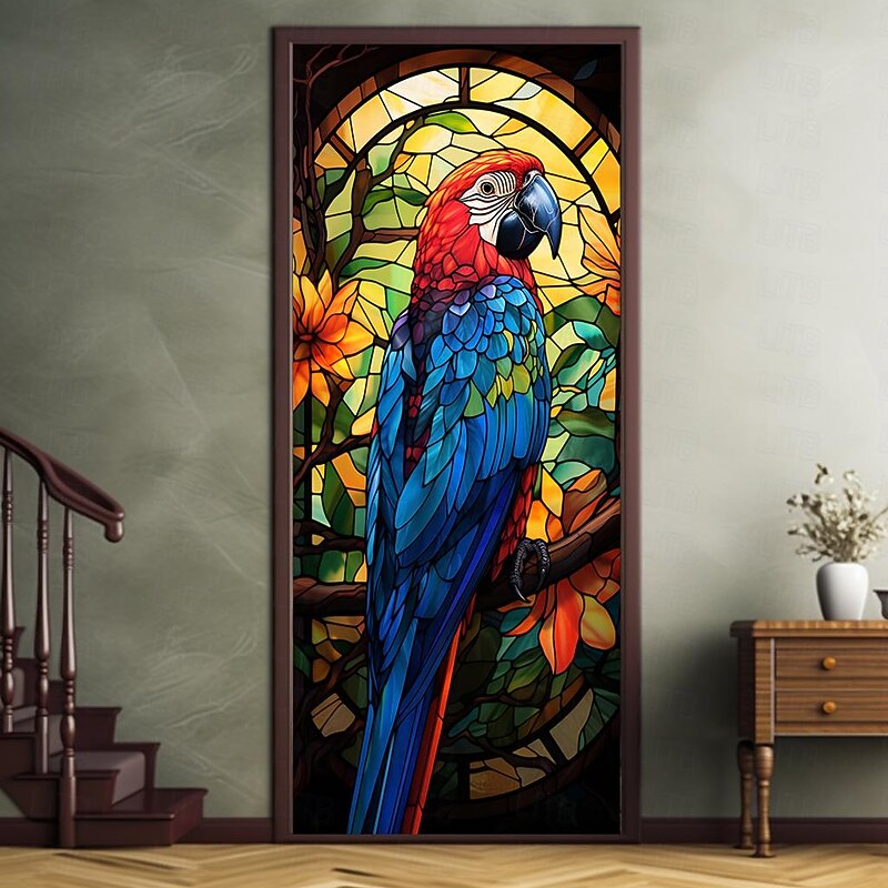Stained Glass Parrot Door Covers Mural Decor Door Tapestry Door Curtain Decoration Backdrop Door Banner Removable for Front Door Indoor Outdoor Home Room Decoration Farmhouse Decor Supplies2