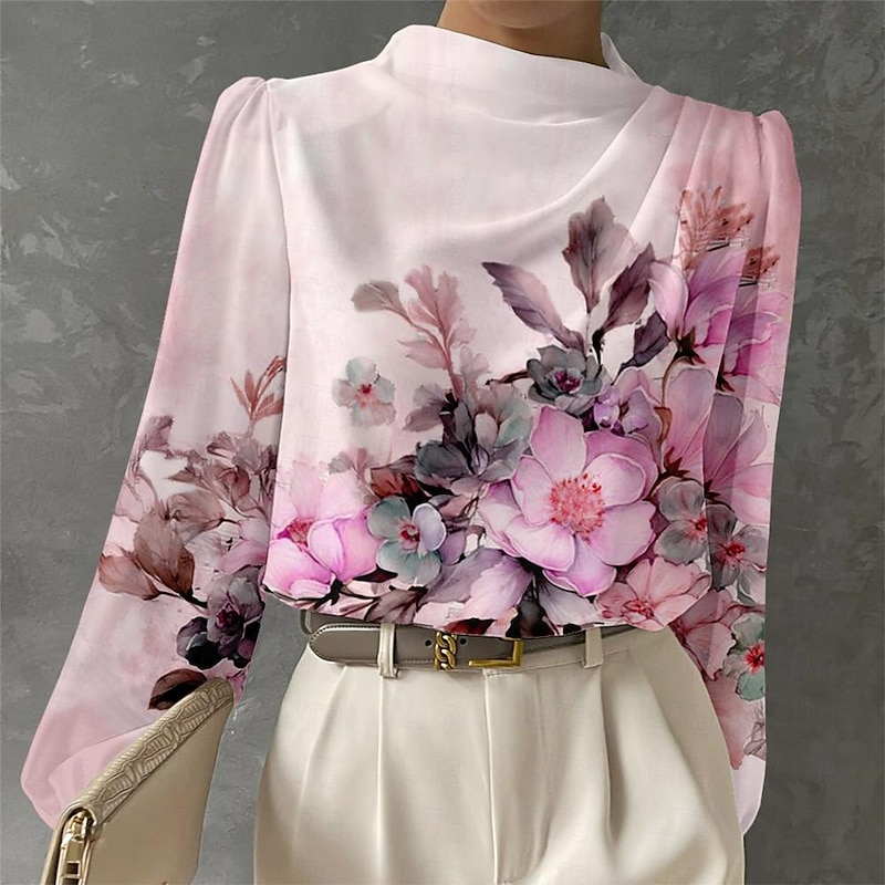 Women's Blouse Long Sleeve Fashion Floral Print Regular Tops Crew Neck Work White Pink Blue Green Spring &  Fall