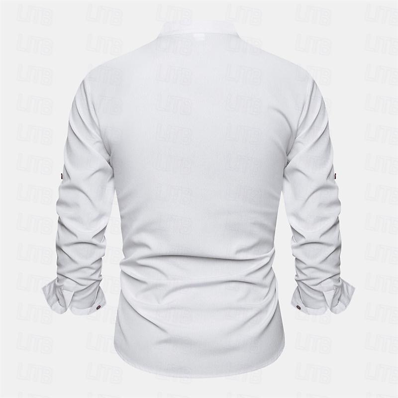 Men's Shirt Linen Shirt Summer Shirt Beach Shirt Plain Vacation Hawaiian White Long Sleeve V Neck Spring &  Fall Clothing Apparel Button-Down2