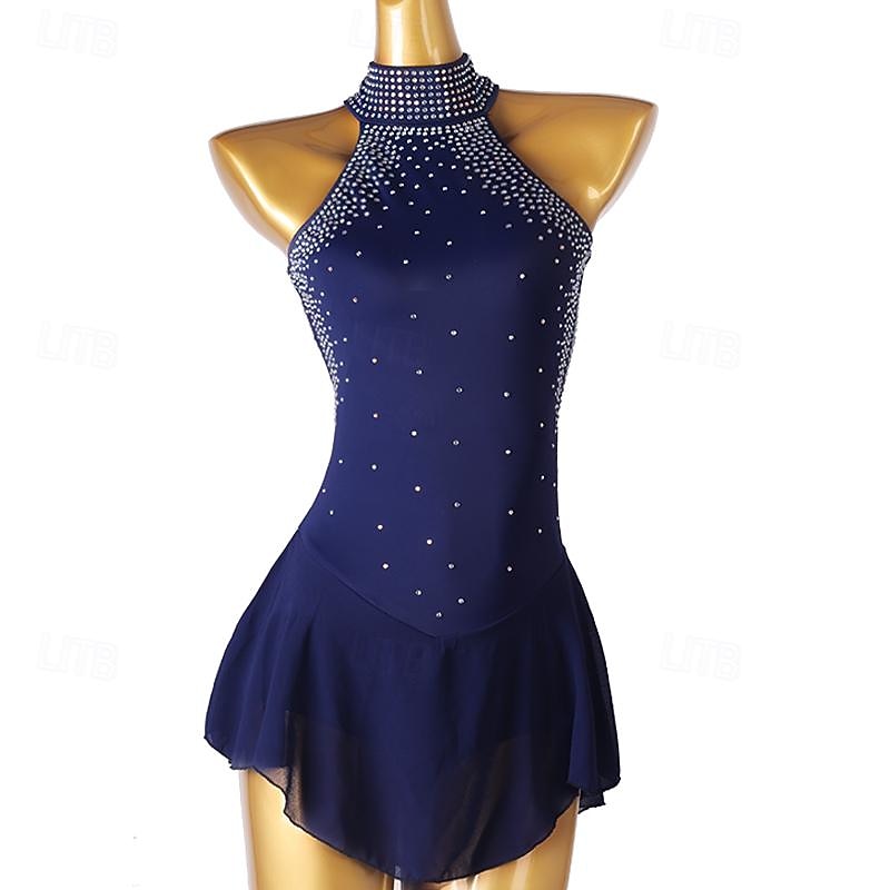 Dance Salsa Latin Dance Dress Rhinestone Women's Girls' Performance Training Sleeveless High Chiffon Spandex2