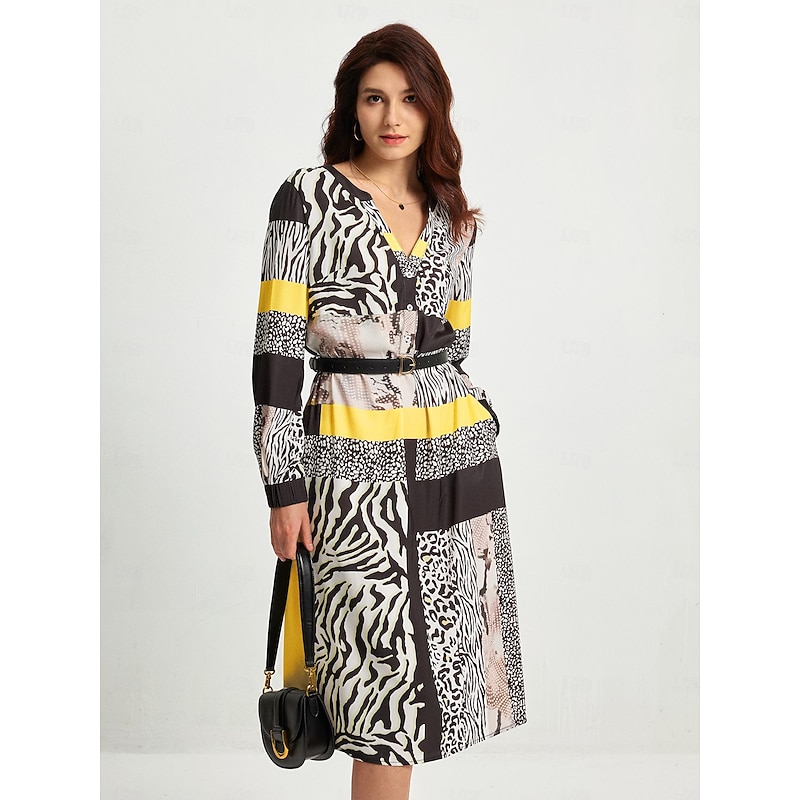 Satin Casual Leopard Print V Neck Midi Dress3