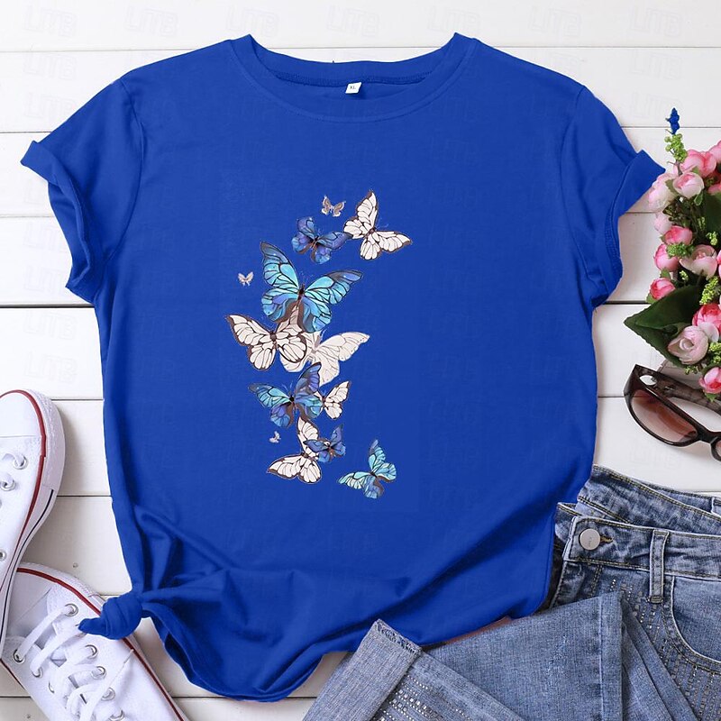 Women's T Shirt Butterfly Basic Short Sleeve T-shirt Sleeve Round Neck Regular Tops Home Daily Date Print Basic Black White Dark Pink Blue Summer 11