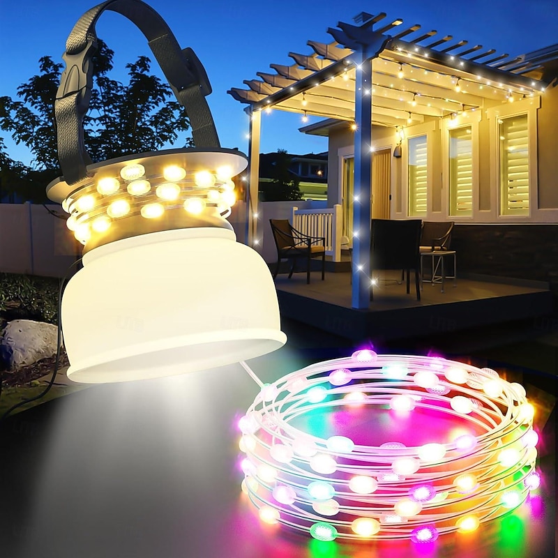 Camping Lantern Solar String Lights Multifunctional Rechargeable Outdoor Tent Camping Light 16.4FT IP65 Waterproof Camping Gear with Rechargeable Emergency for Christmas, Home and Party Decorations