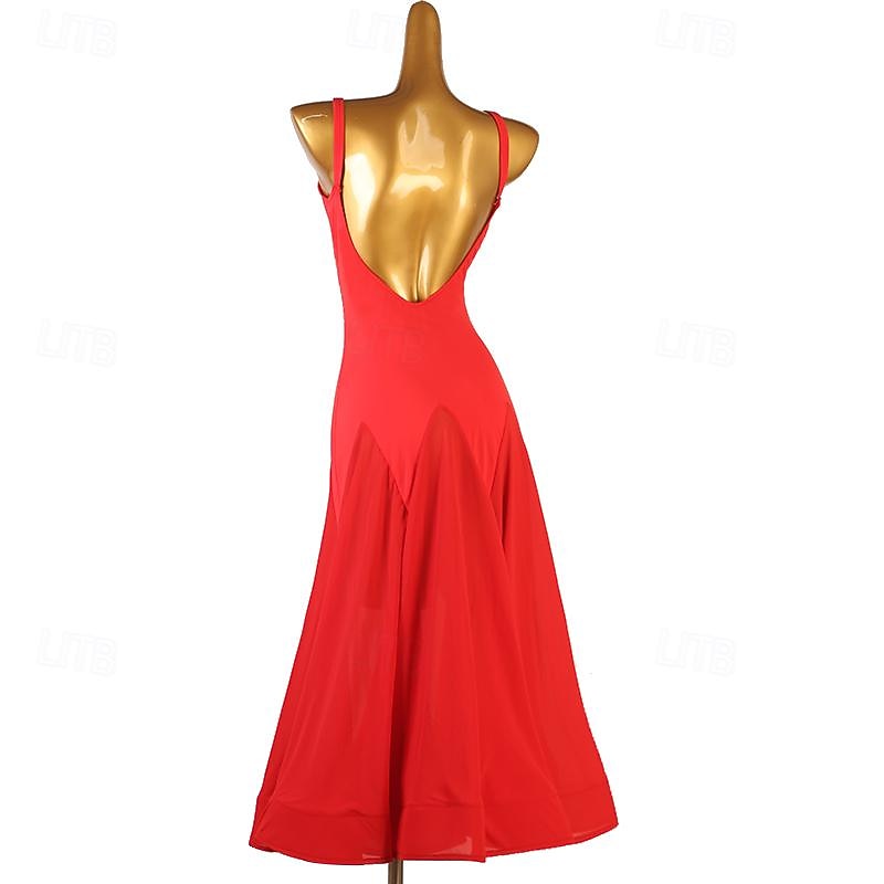 Ballroom Dance Dress Pure Color Women's Performance Training Sleeveless High Chiffon Chinlon4