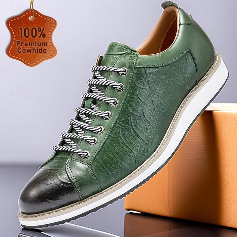 Men's Premium Cowhide Leather Casual Sneakers – Green Embossed Lace-Up Design with Black Accents, Comfortable and Durable