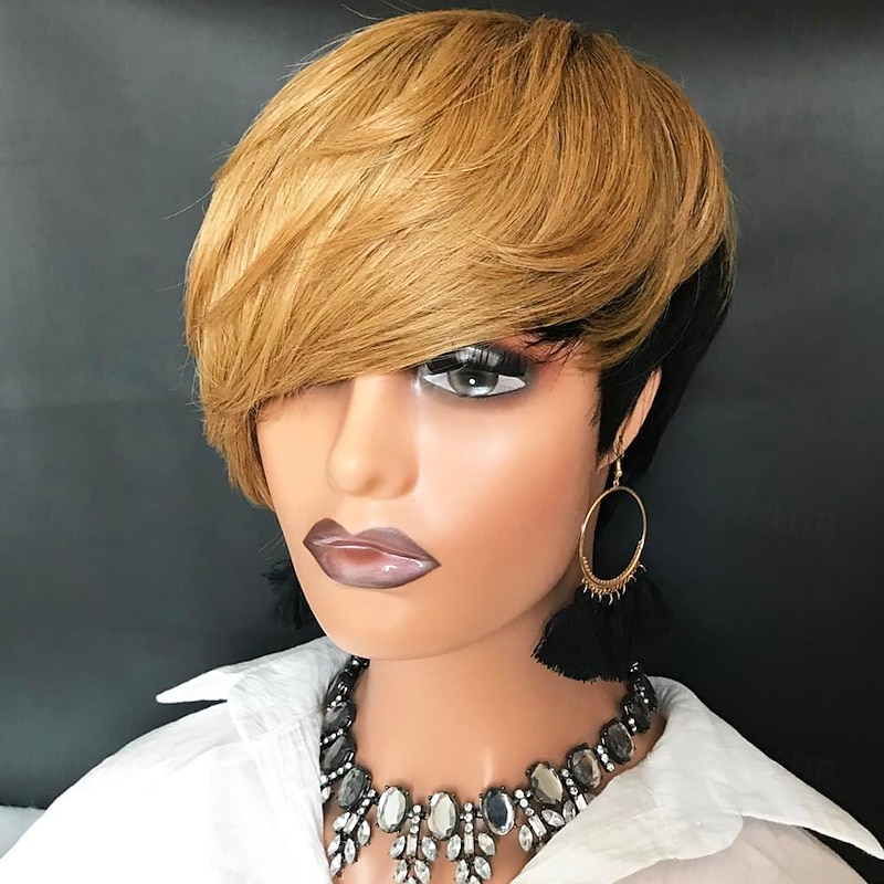 Short Human Hair Wigs Pixie Cut Wig Human Hair Short Bob Wigs with Bangs for Black Women Ombre Blonde Color Short Pixie Wigs Color with Bang for Women 6 inch3
