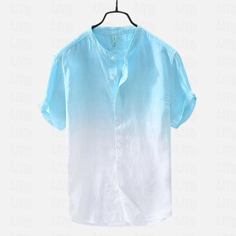 Men's Shirt Linen Shirt Cotton Linen Shirt Chinese Collar Shirt Mandarin Collar Shirt Summer Shirt Gradient Vacation Street Yellow Orange Green Light Blue Short Sleeve Grandad Collar Summer Clothing2