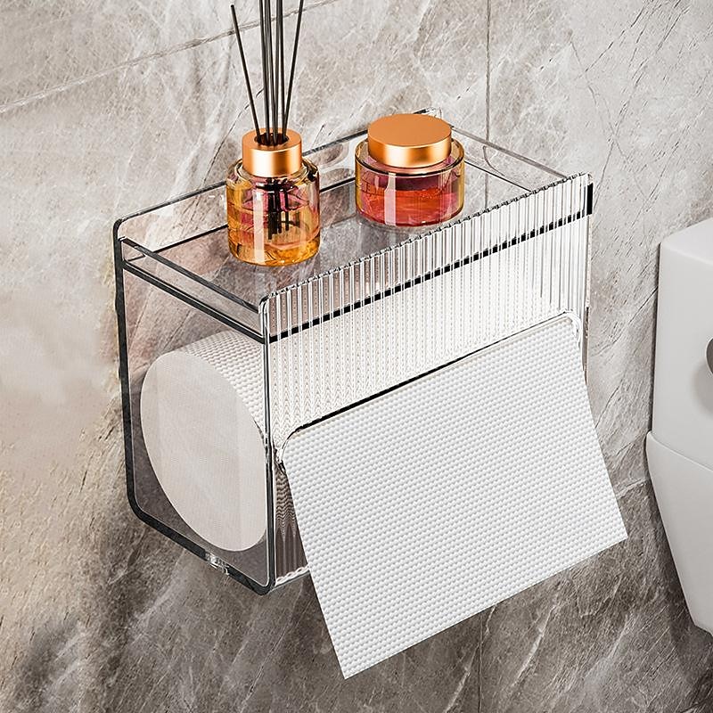 1pcs Bathroom Tissue Storage Box Punch-free Toilet Paper Holder Wall Mounted Tissue Dispenser Container Bathroom Hanging Tissue Storage Rack Bathroom Accessories