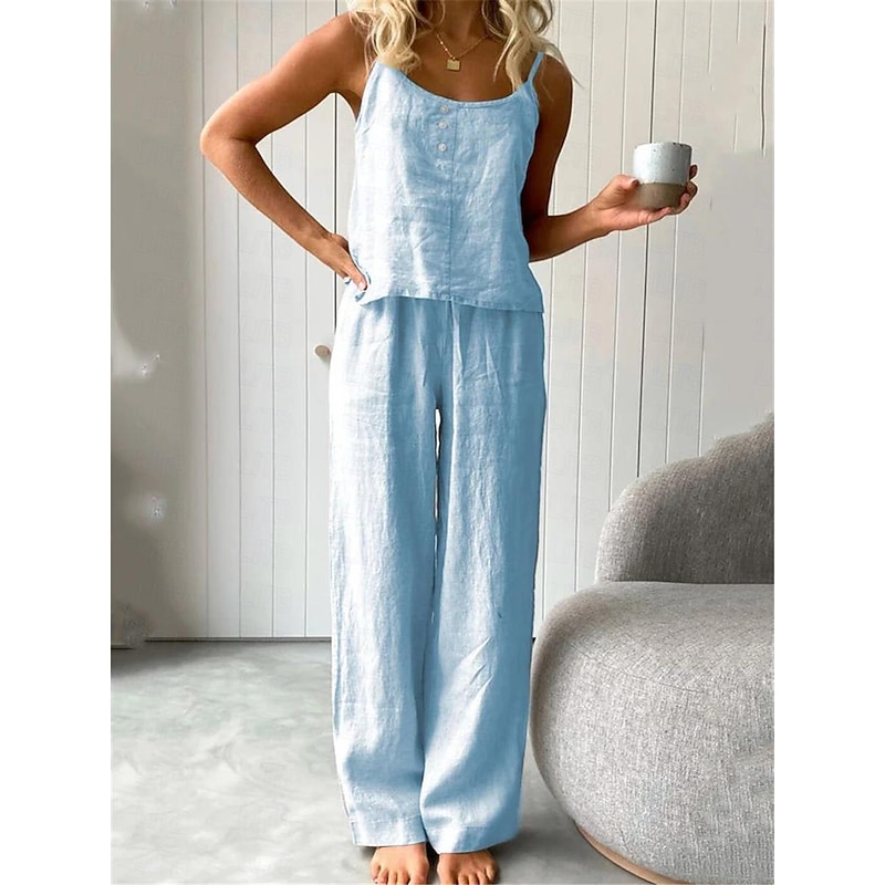Women's Pajamas Two Piece Sets Simple Basic Comfort Pure Color Cotton Linen Sets Strap Top Home Daily Bed Sleeveless Straps White Blue Light Grey Dark Gray Summer