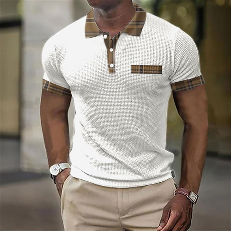 Kentucky Derby Men's Plaid / Check Waffle Polo Shirts Polo Shirts Short Sleeve Polo Shirts Turndown Business Casual Street Wear to work Daily Wear 3D Print Summer Black White Navy Blue