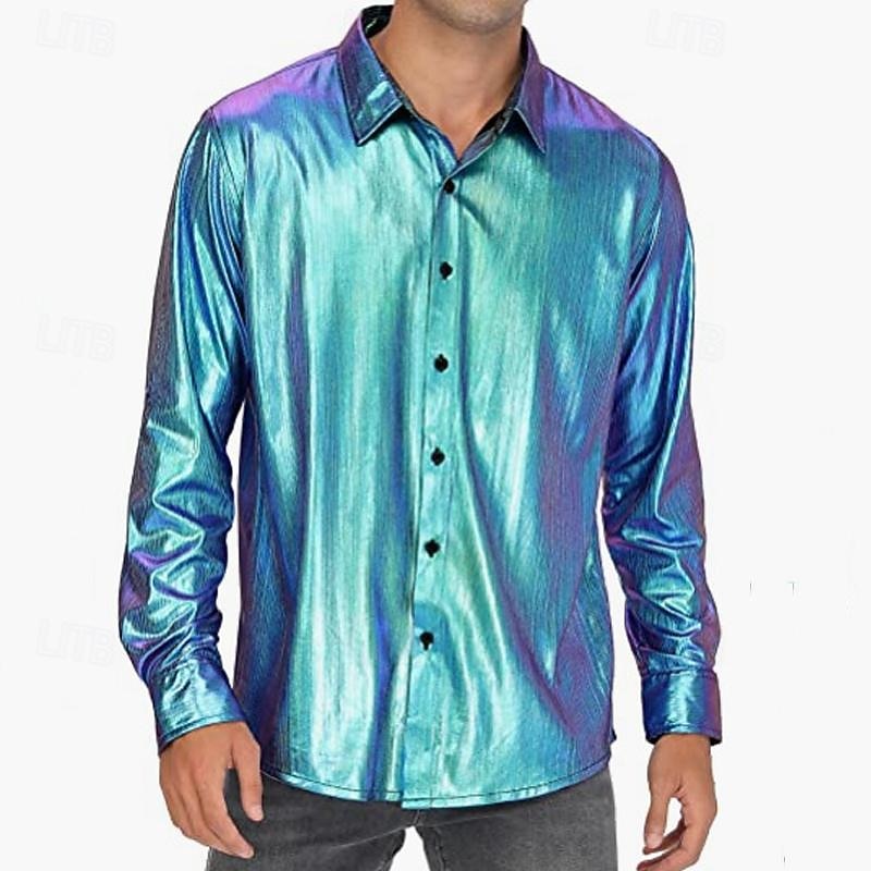 Men's Waffle Shirt Casual Shirt Button Up Shirt Blue Long Sleeve Plain Laser Lapel Vacation Hawaiian Button-Down Clothing Apparel Polyester Fashion Casual Comfortable