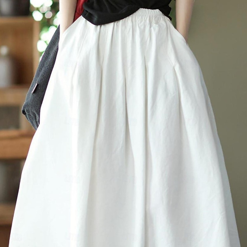 Women's Skirt Swing Basic Casual Midi High Waist Skirts Solid Colored Pocket Casual Daily Weekend Black White Green Khaki Summer Cotton Linen3