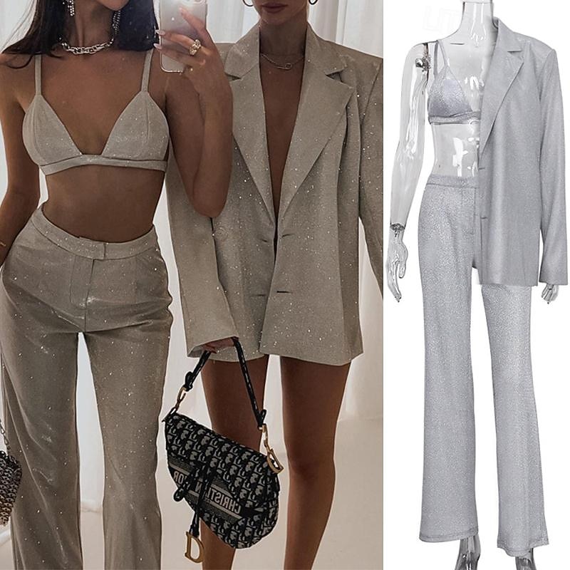 Set with Shiny Metallic Blazer Bra Straight Leg Pants 3 PCS Disco 1980s Party Outfits Suits & Blazers Underwear Suit Trousers Women's Carnival Party Club Wear