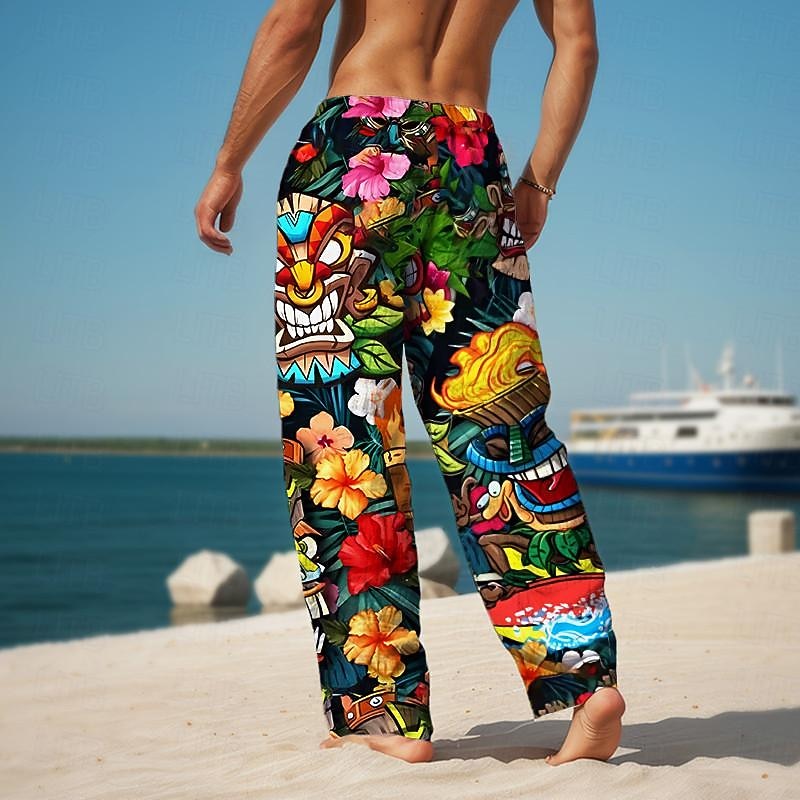 Tiki Tropical Aloha Men's Resort 3D Printed Casual Pants Trousers Elastic Waist Drawstring Loose Fit Straight-Leg Summer Beach Pants S TO 3XL2
