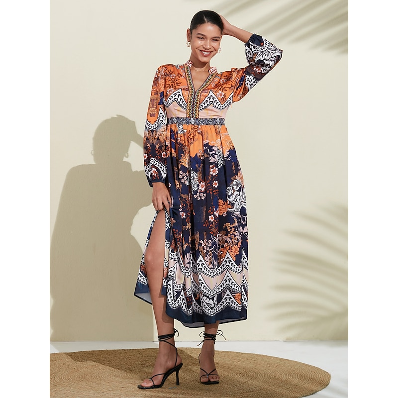 V Neck Print Maxi Wedding Guest Dress