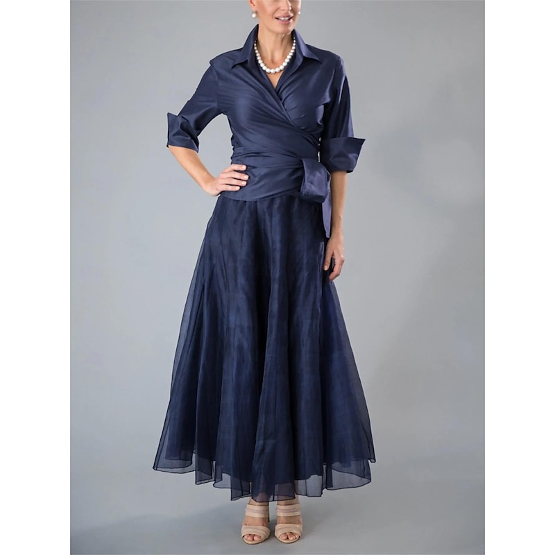 Two Piece A-Line Mother of the Bride Dress Formal Wedding Guest Elegant Shirt Collar Ankle Length Organza Italy Satin Half Sleeve with Bow(s) Ruching