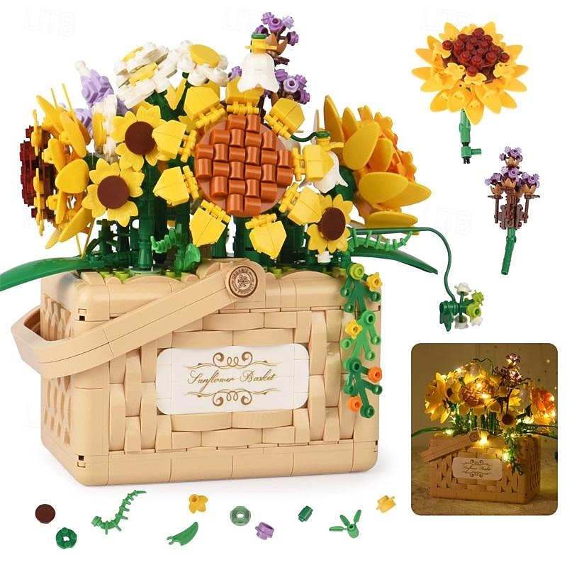 Women's Day Gifts Sunflower Hibiscus Eternal Flower Building Block Small Particle Puzzle Assembly Toy Potted Plant Decoration Couple Valentine's Day Gift Women's Day Mother's Day Gifts
