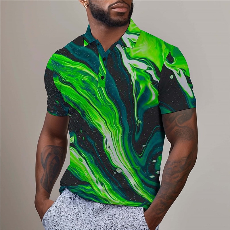 Men's Graphic Golf Shirt Short Sleeve Polo Shirts Collared Shirts Casual Vacation Wear Rave Wear Party Outfits Buttons 3D Print Summer Blue Purple Green