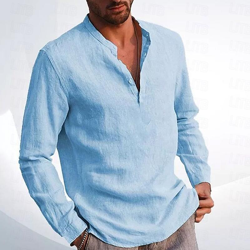 Men's Shirt Linen Shirt Chinese Collar Shirt Mandarin Collar Shirt Summer Shirt Beach Shirt Plain Vacation Hawaiian Beige Long Sleeve Standing Collar Spring & Fall Clothing Apparel Button-Down 5