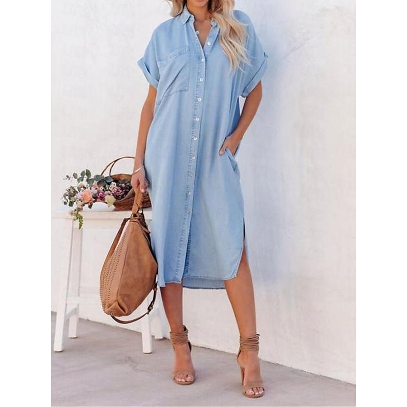 Women's Shirt Dress Midi Dress Denim Button Pocket Date Streetwear Shirt Collar Short Sleeve Blue Color4