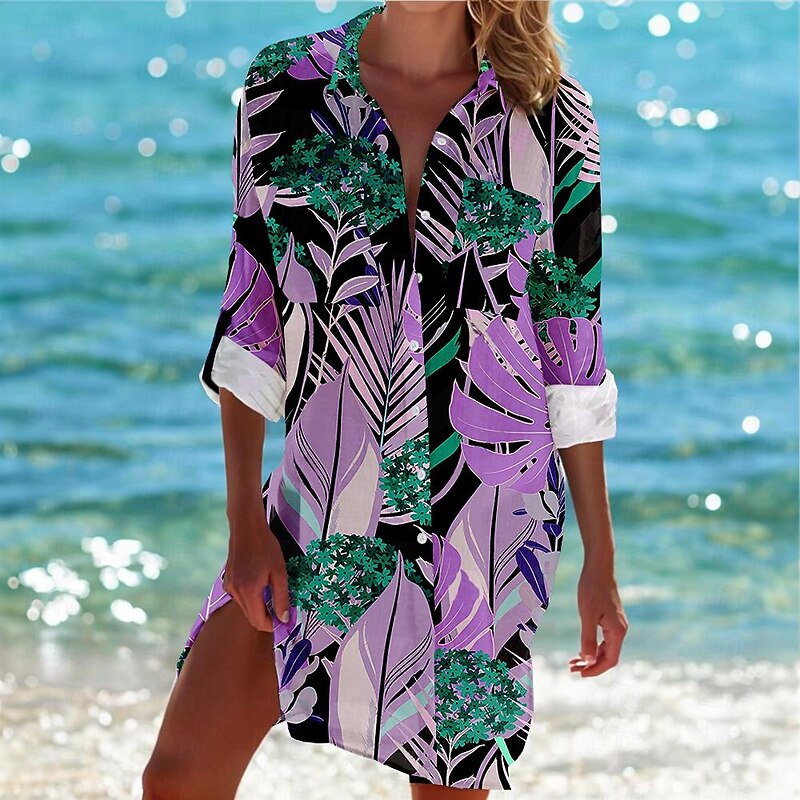Women's Mini Dress Shirt Dress Hawaiian Shirts  Flowy  Vacation Beach Floral Buttons Print Long Sleeve Long  Shirt Collar Casual Holiday Beach Purple Green Summer Holiday Clothes Beach Wear4