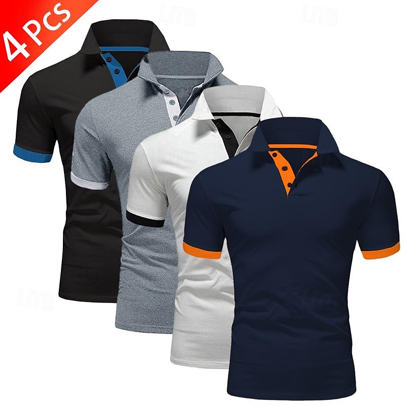 4 Pack Men's Polo T-Shirt Golf Shirt Casual Sports  Workwear Office Short Sleeve Summer Regular Fit Red White Blue Orange Sky Blue Gray Black Navy Blue Pink Green Classic Polo Shirt