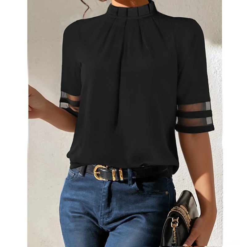 Women's Shirt Blouse Basic Mesh Short Sleeve Regular Tops Turtleneck High Neck Casual Black2