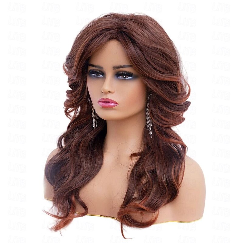 Rugelyss Vintage Wigs Dark Brown Rednish Maroon Wig for Women Lady Natural Synthetic Full Wigs for 70s Cosplay Costume Disco Hair Wig Halloween Wigs2