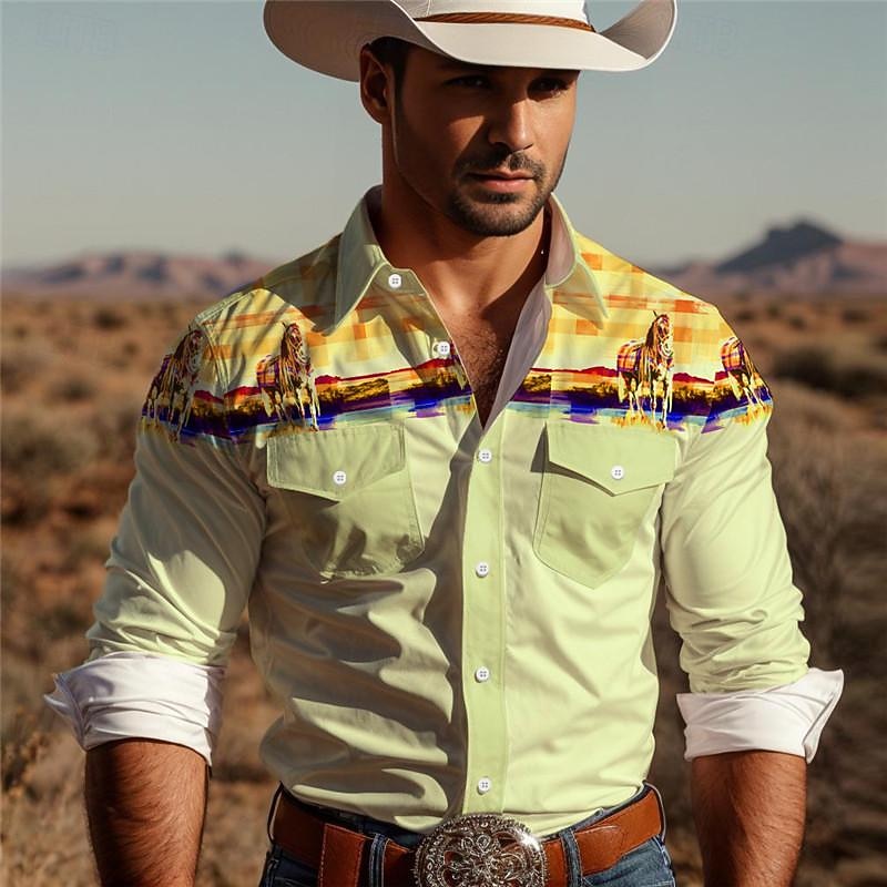 Men's Cowboy Western Shirt Button Up Shirt Cowboy Shirt Long Sleeve Vintage Western Daily Wear Going out Weekend Spring Fall Winter Turndown Collared Shirts 3D Print Front Pocket Blue Green Khaki Gray4
