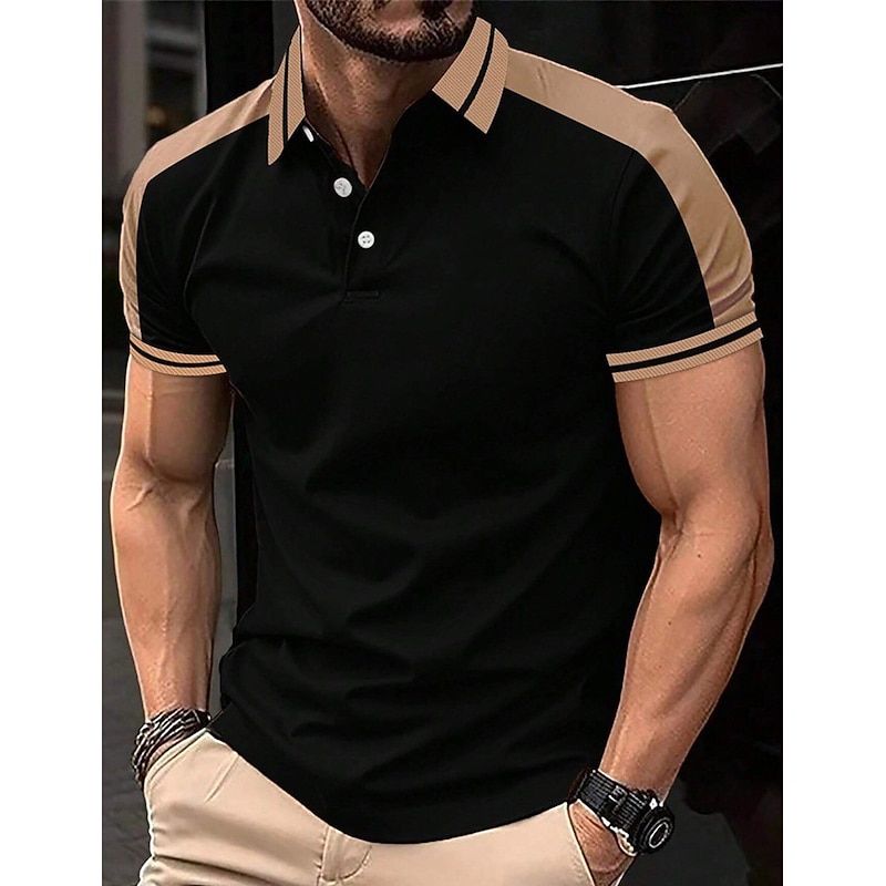 Men's Button Up Polos Golf Shirt Casual Holiday Lapel Short Sleeve Fashion Basic Color Block Patchwork Embroidered Summer Regular Fit Wine Black Navy Blue Green Light Blue Grey Button Up Polos3