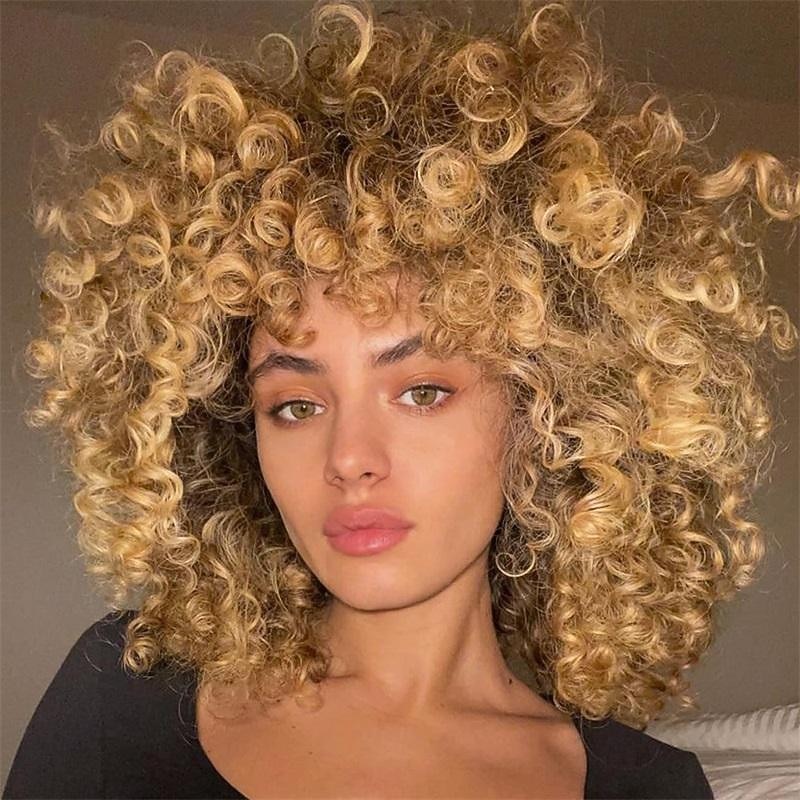 14 Inch Curly Wigs for Black Women Short Curly Wig with Bangs Big Loose Cute Kinky Curly Hair Synthetic Soft Wigs for Daily Party Cosplay Halloween Wigs