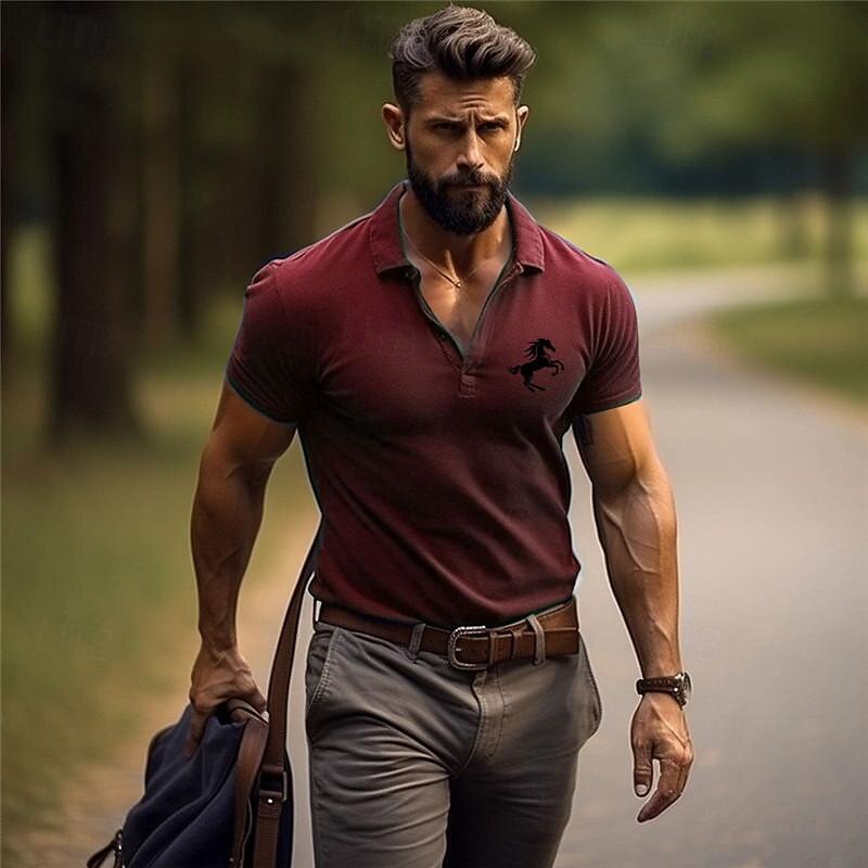 Kentucky Derby Men's Golf Shirt Short Sleeve Polo Shirts Collared Shirts Casual Vacation Wear Party Outfits Buttons 3D Print Summer Black Wine Navy Blue2