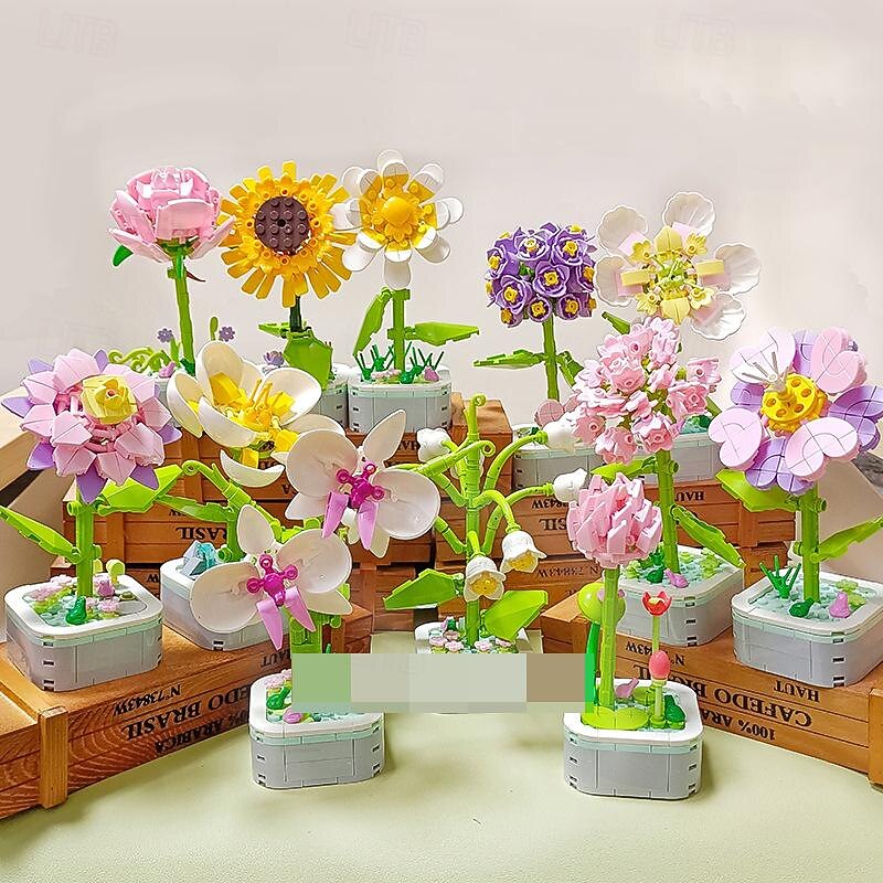 Women's Day Gifts Sunflower Hibiscus Eternal Flower Building Block Small Particle Puzzle Assembly Toy Potted Plant Decoration Couple Valentine's Day Gift Mother's Day Gifts for MoM4