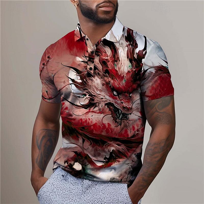 Men's Dragon Golf Shirt Short Sleeve Polo Shirts Collared Shirts Casual Funny Vacation Wear Party Outfits Buttons 3D Print Summer Yellow Red Blue3