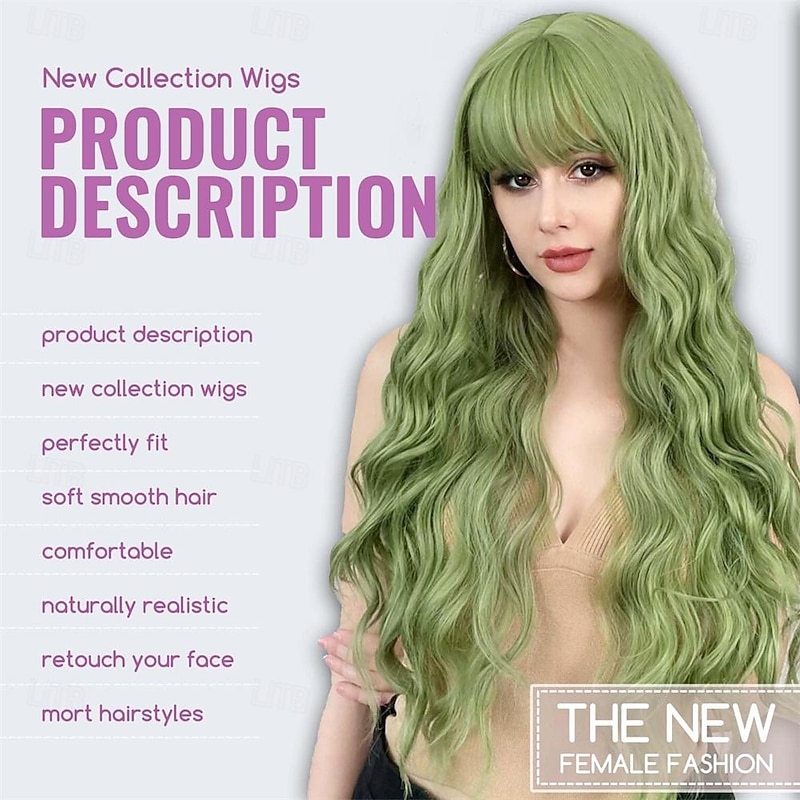 Green Wig with Bangs Soft Long Wavy Wigs for Women Curly Synthetic Fiber Wig Replacement Halloween Costumes Cosplay Party Wigs St.Patrick's Day Wigs2