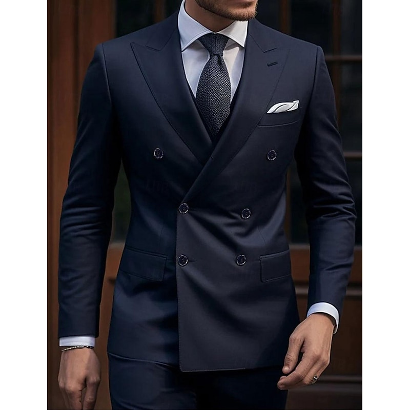 Men's Wedding Suits Peak Dark Blue Daily Business Solid Colored Tailored Fit 2 Piece Double Breasted Six-buttons