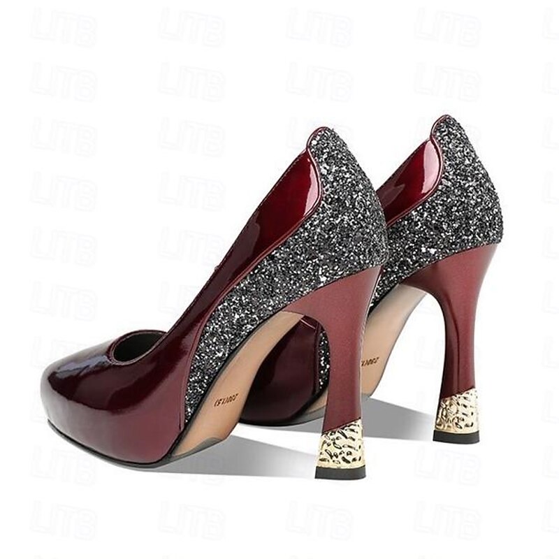 Women's Burgundy Patent Leather Platform Heels with Glitter Accent and Block Heel – Elegant Party or Wedding Shoes2