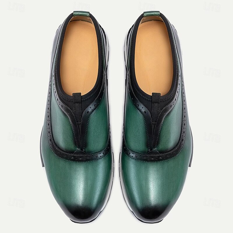 Men's Premium Cowhide Leather Slip-On Loafers – Green and Black Brogue Design, Comfortable Cushioned Sole, Casual and Formal Shoes2