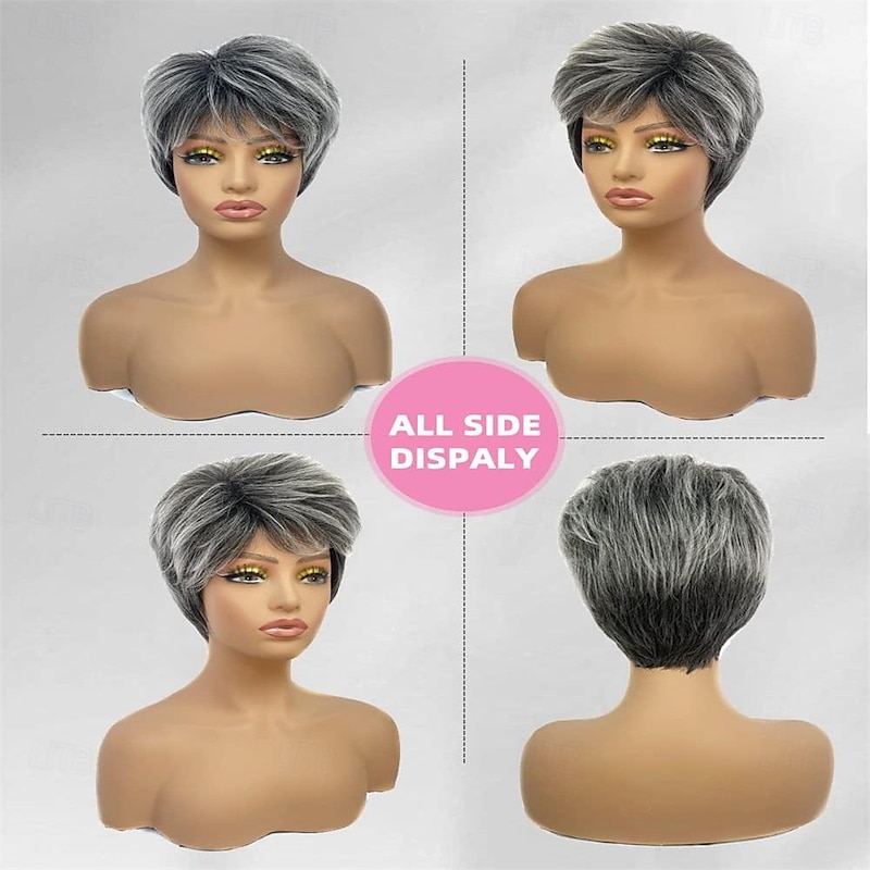 Pixie Cut Short Gray Wigs for White Women Sassy Short Haircuts for Older Lady Mixed Black Grey Highlight Synthetic Wig with Bangs for Daily Party Use3