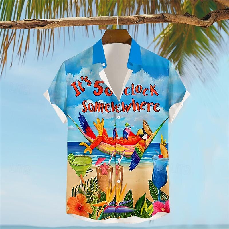 Men's Letter Parrot Shirt Summer Hawaiian Shirt Aloha Shirt Short Sleeve Shirt Turndown Vacation Hawaiian Resort Style Outdoor Vacation Hawaiian Yellow Blue Fuchsia S M L