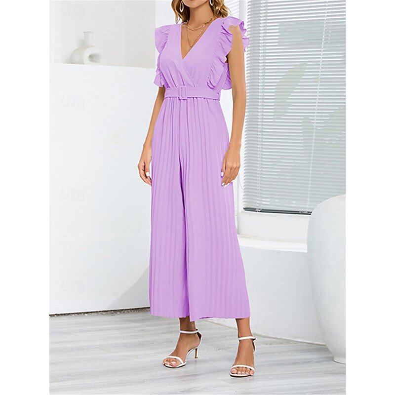 Women's Normal Jumpsuit Elegant Solid Color Sleeveless V Neck Ruffle High Waist Street Daily Regular Fit Black White Blue Summer2