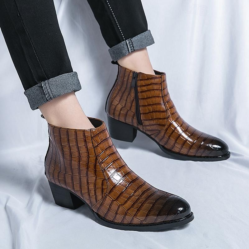 Men's Brown Crocodile Pattern Faux Leather Ankle Boots - Stylish Western Chelsea Boots for Formal Events and Casual Wear3