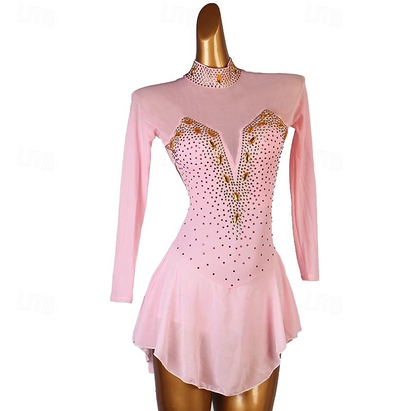 Dance Salsa Latin Dance Dress Rhinestone Women's Performance Training Long Sleeve High Spandex Tulle3