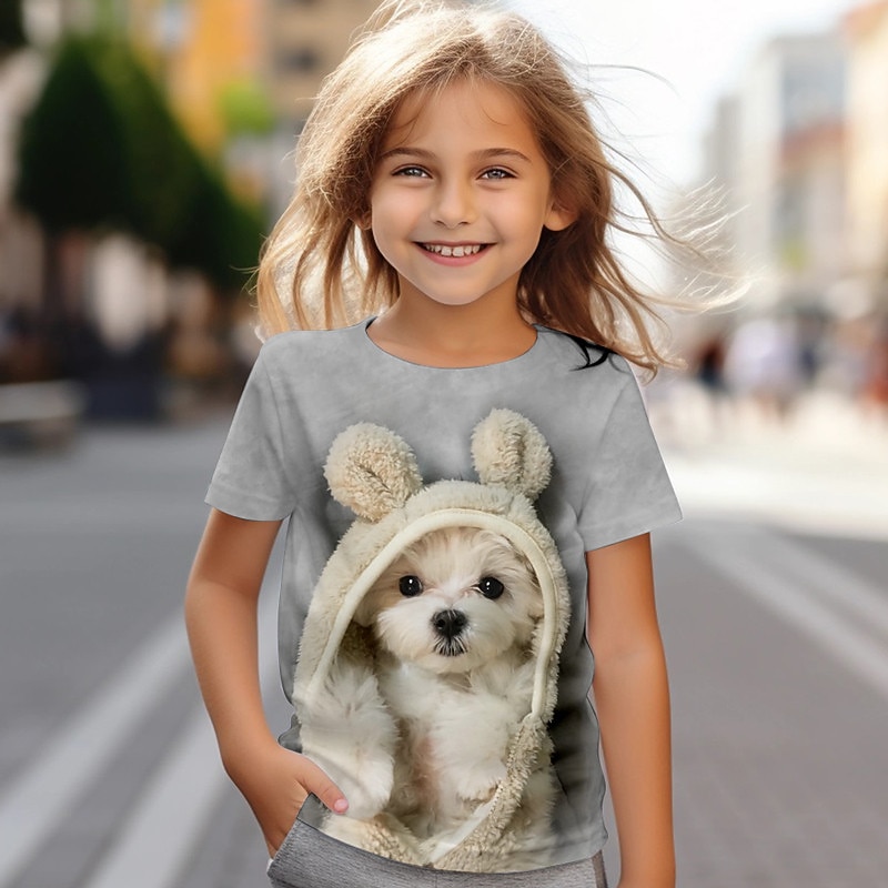 Girls' 3D Dog Tee Shirts Short Sleeve 3D Print Summer Active Fashion Cute Kids 3-12 Years Crew Neck Outdoor Casual Daily Regular Fit2