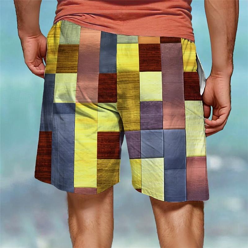 Men's Color Block Plaid Checkered Patchwork Swim Trunks Swim Shorts Board Shorts Mid Waist Vacation Hawaiian Holiday Vacation Holiday Beach Drawstring with Mesh lining Elastic Waist Designer Clothing2